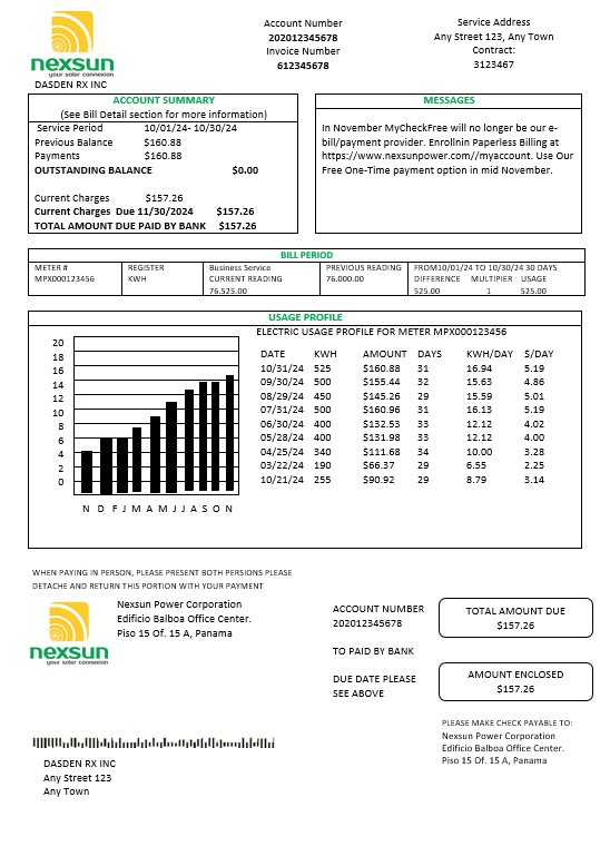 Panama Nexsun Power Corporation electricity business utility bill Word and PDF template PSD template